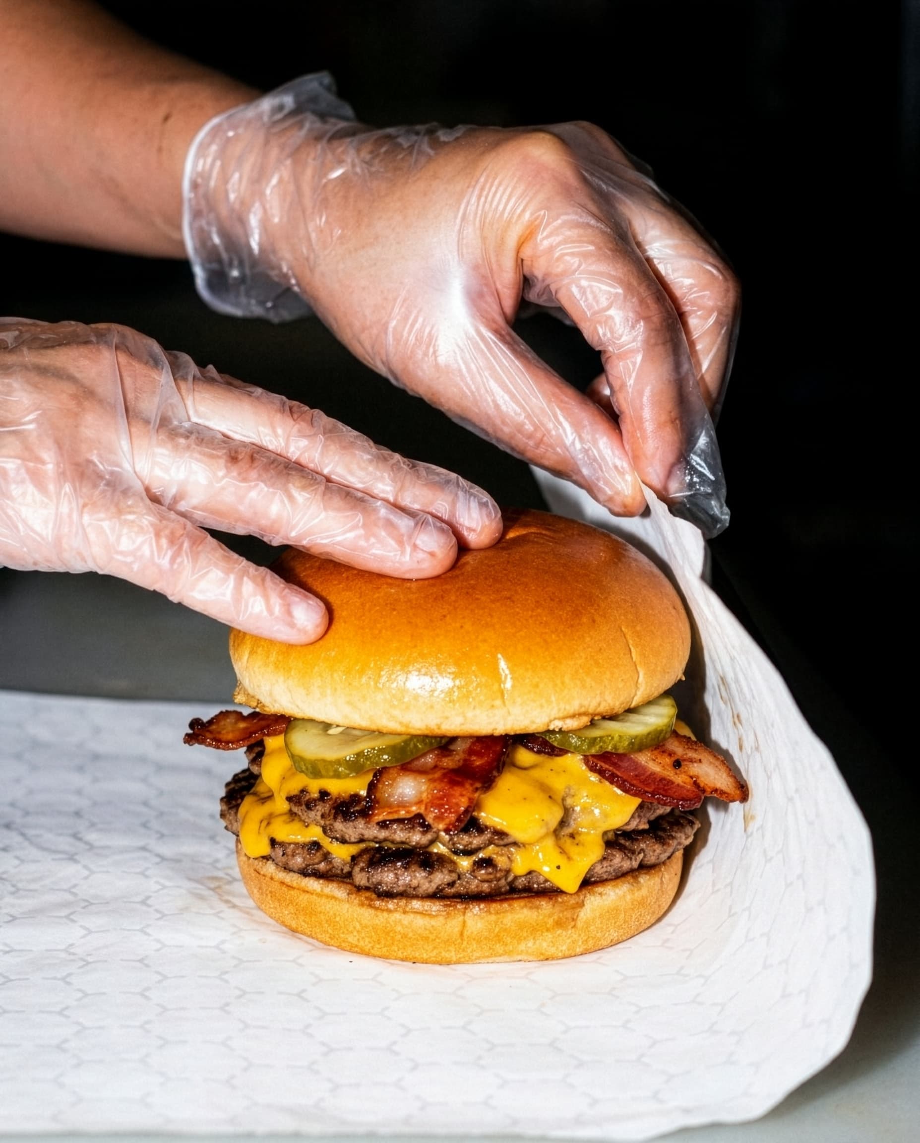 A finished burger, wrapped to go