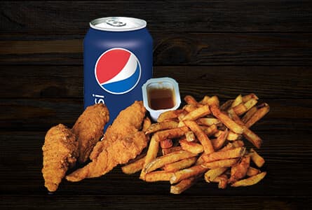 Doigts de poulet, frites et boisson gazeuse