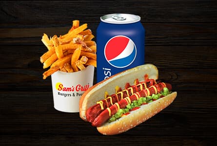Hot-dog, frites et boisson gazeuse