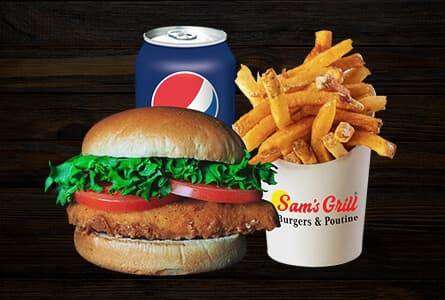 Burger de poulet pané, frites et boisson gazeuse (halal)