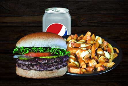 Burger régulier, poutine et boisson gazeuse