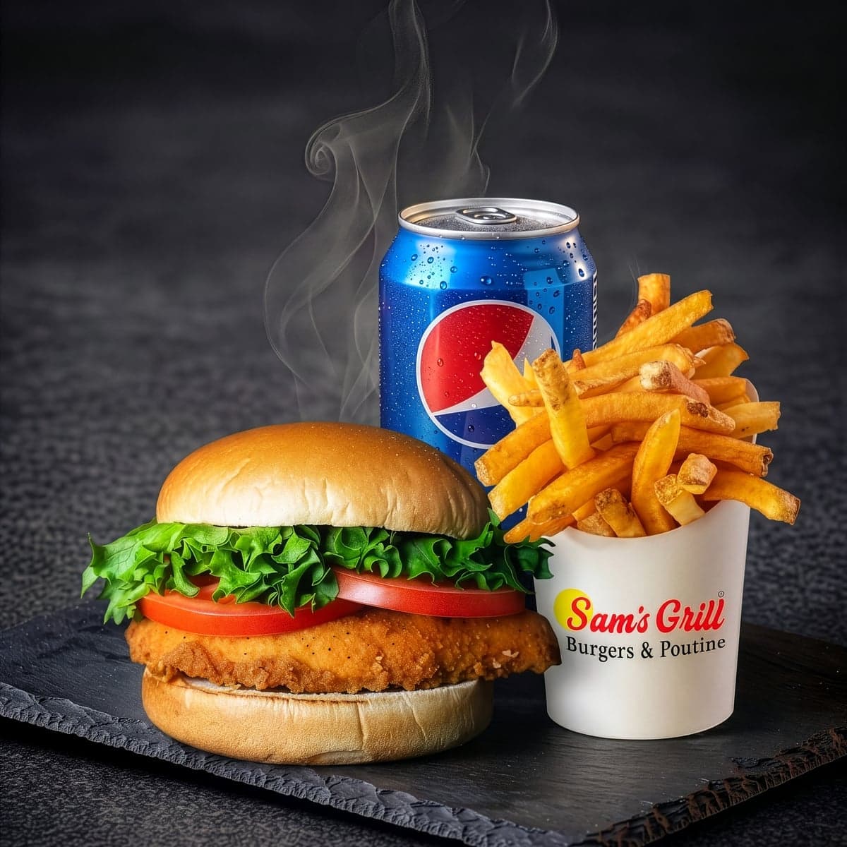 Breaded Chicken Burger, Fries & Pop (Halal)